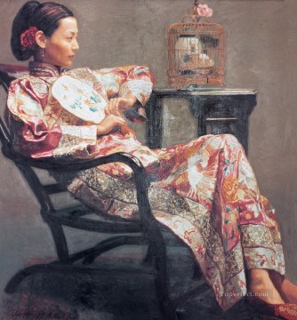 Chino Painting - Niña de rosas y pájaros se llama Juanjuan chino Chen Yifei
